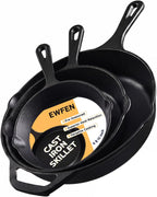 EWFEN Juego de 3 sartenes de hierro fundido, utensilios de cocina presazonados de calidad de chef profesional de alta resistencia, sartenes de 6, 8 y 10 pulgadas para freír, saltear y cocinar, usar en interiores y exteriores, horno, parrilla