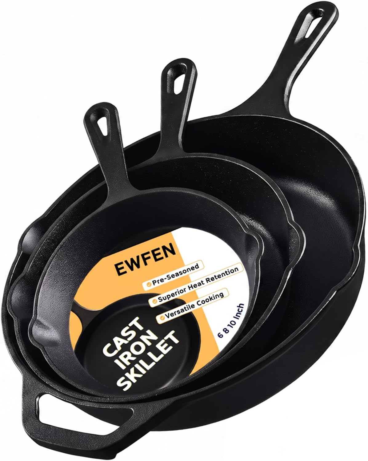 EWFEN Juego de 3 sartenes de hierro fundido, utensilios de cocina presazonados de calidad de chef profesional de alta resistencia, sartenes de 6, 8 y 10 pulgadas para freír, saltear y cocinar, usar en interiores y exteriores, horno, parrilla