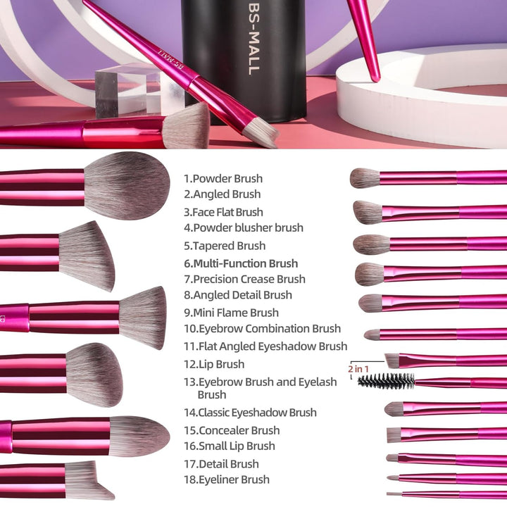 BS-MALL - Juego de 18 brochas de maquillaje con cerdas de fibra sin...