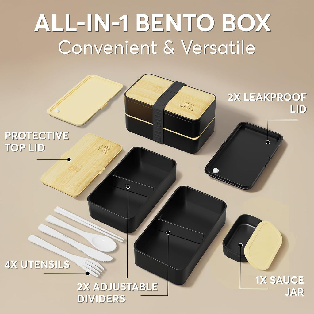 Umami Bento Box - Lonchera apilable para adultos, 40 onzas, negro y bambú