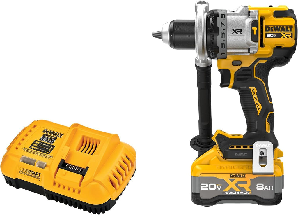 DEWALT Kit de taladro de martillo inalámbrico sin escobillas de 20 V MAX XR de 1/2 pulgada con batería de 8 Ah y cargador, 3 velocidades (DCD1007WW1)