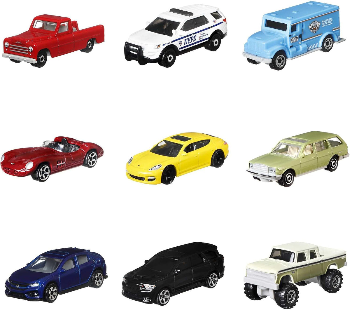 Matchbox Paquete de 9 autos de juguete fundidos a presión a escala 1:64, camiones de construcción o basura, vehículos de rescate o aviones (los estilos pueden variar)