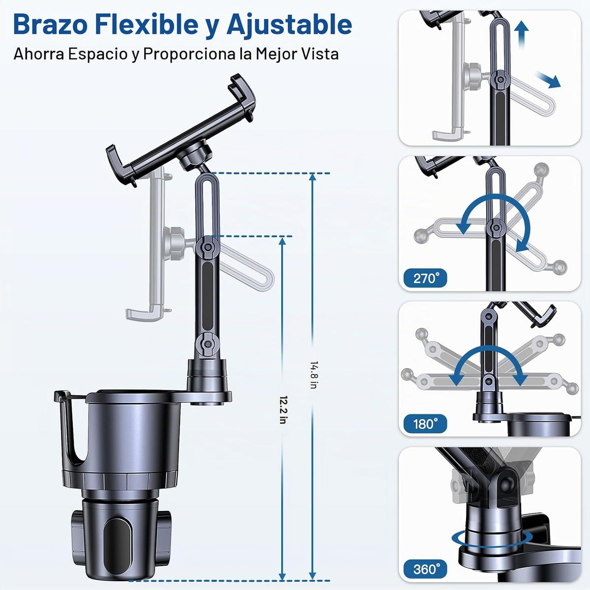 Portavasos para teléfono y tableta, 2 en 1, iPad con brazo extensible ajustable para teléfono de 4.7 a 10 pulgadas, soporte para tableta compatible con iPad Pro Air Mini, Fire, iPhone 17, Galaxy