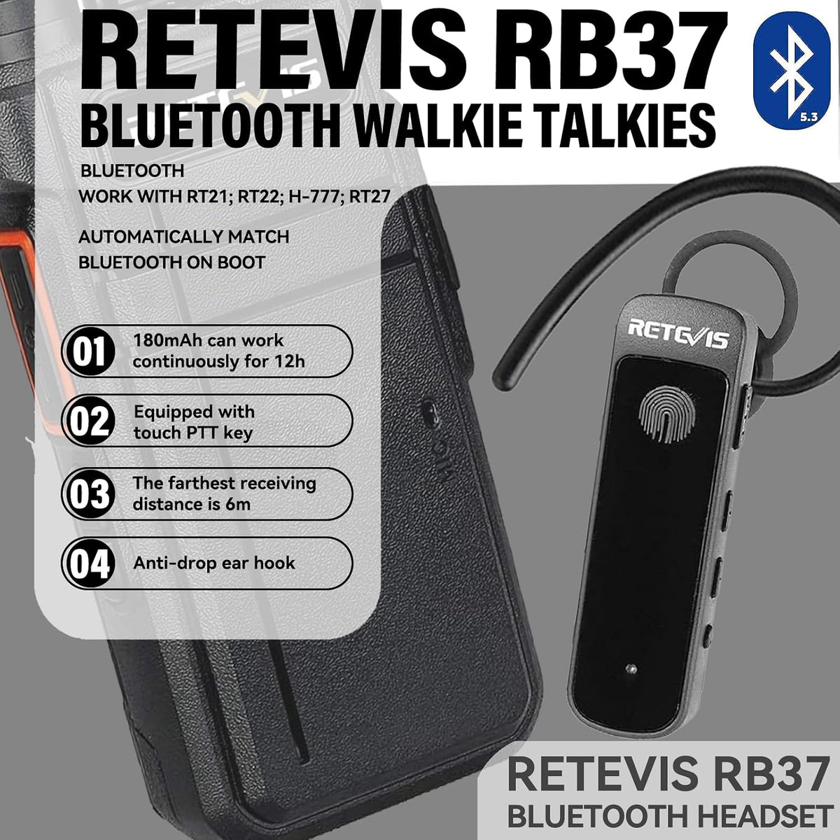 Retevis RB37 - Walkie Talkies Bluetooth para adultos, radio bidireccional con auricular, VOX, 2000 mAh, tipo C, Walkie Talkies inalámbricos (paquete de 1)