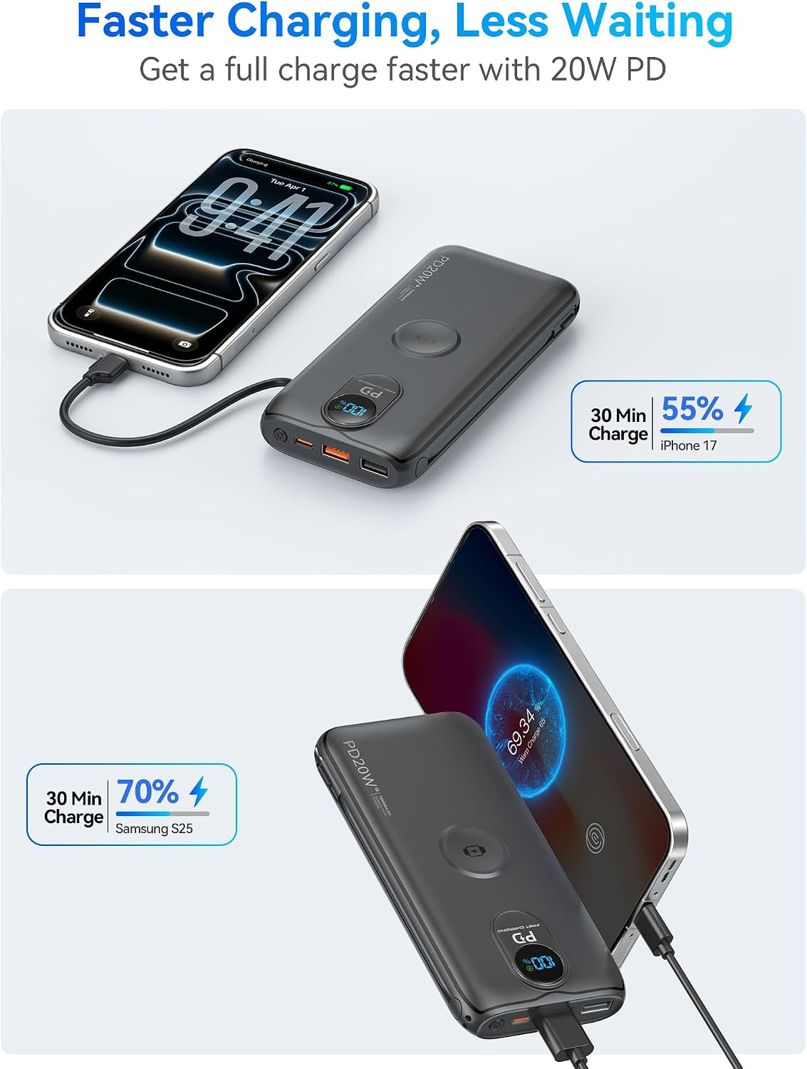 Cargador portátil Power Bank 10000mAh PD20W con cables incorporados, Negro
