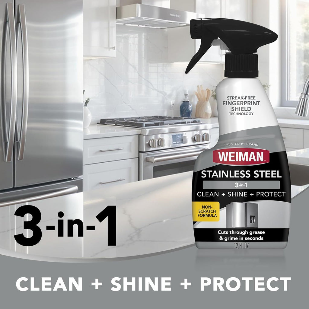 Weiman Kit de limpiador y pulido de acero inoxidable, 3 piezas, aerosol, toallitas y paño, antihuellas, elimina grasa, manchas de agua, rayas y residuos, limpiador de pulido seguro para