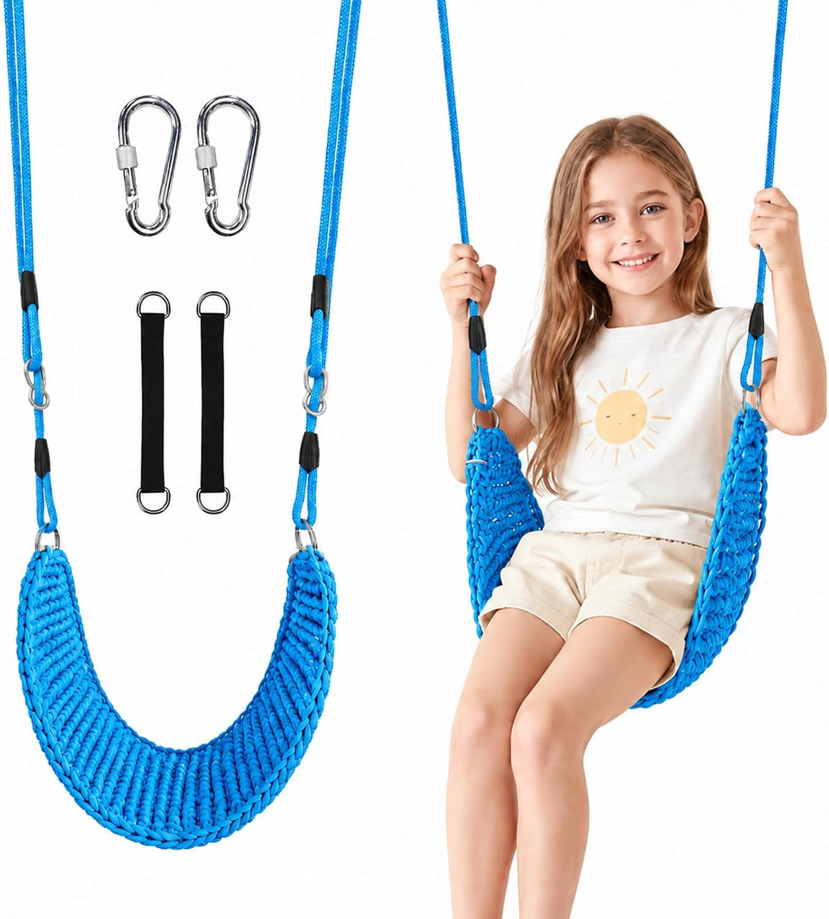 Columpio para niños tejido a mano, asiento portátil para columpio de árbol para interiores y exteriores, cuerdas ajustables, con correa para colgar y gancho a presión para camping, senderismo