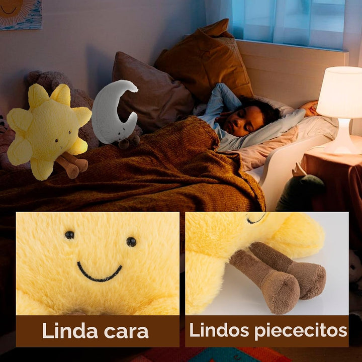 Almohada de sol y luna de felpa, sonriente y divertida, almohada de...