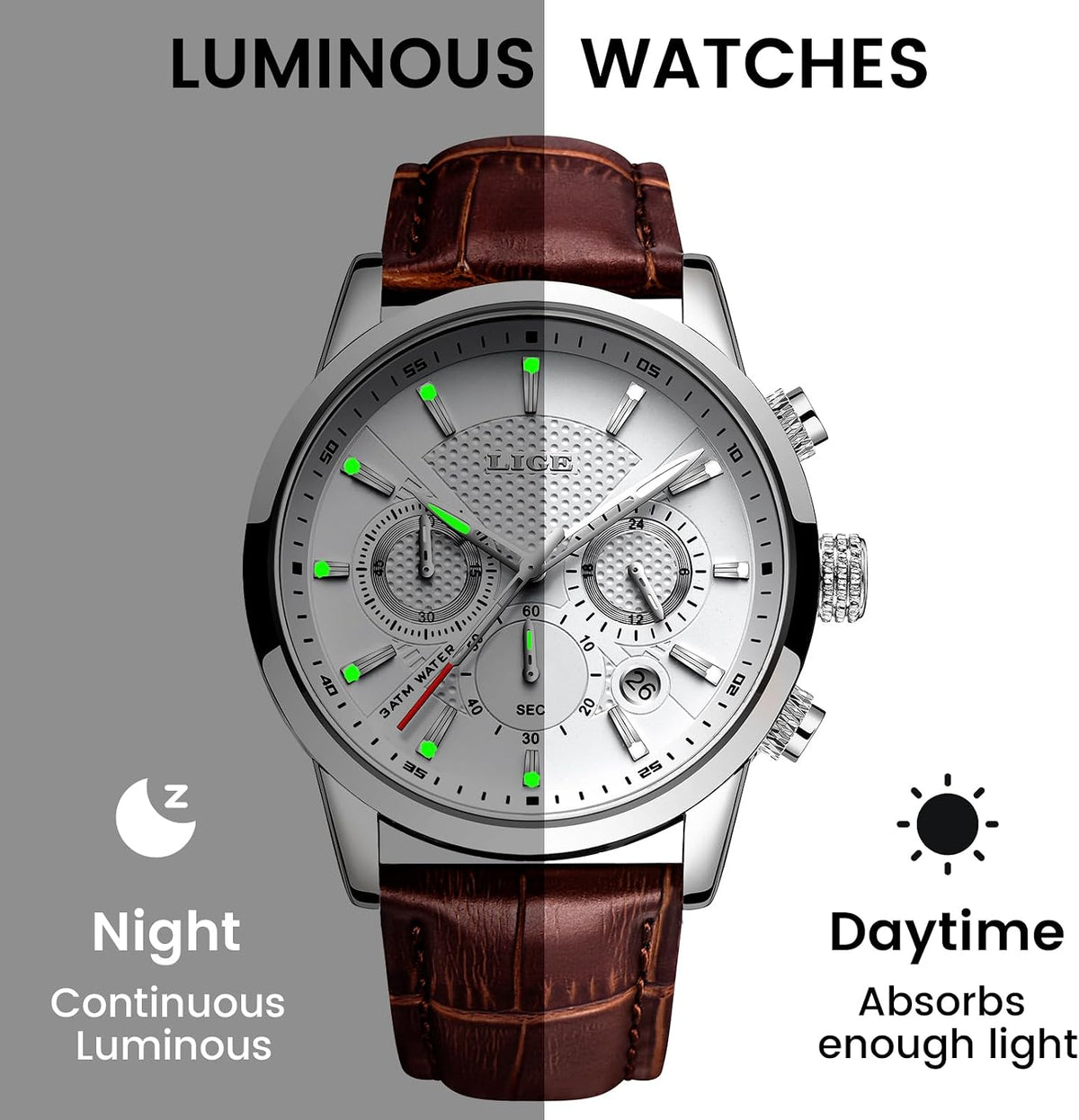 LIGE Reloj de Pulsera de Cuero para Hombres Analógico de Vestir Cronógrafo Impermeable Vintage Trabajo Casual Cuarzo con Calendario Cronógrafo Lúmenes Resistente al Agua 30M Reloj Clásico para Hombres