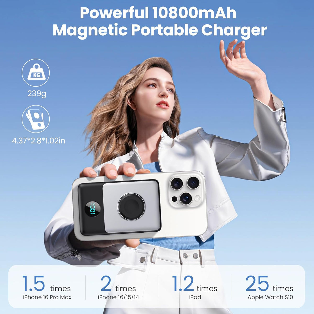 Cargador portátil magnético 6 en 1 para iPhone con cables integrado...
