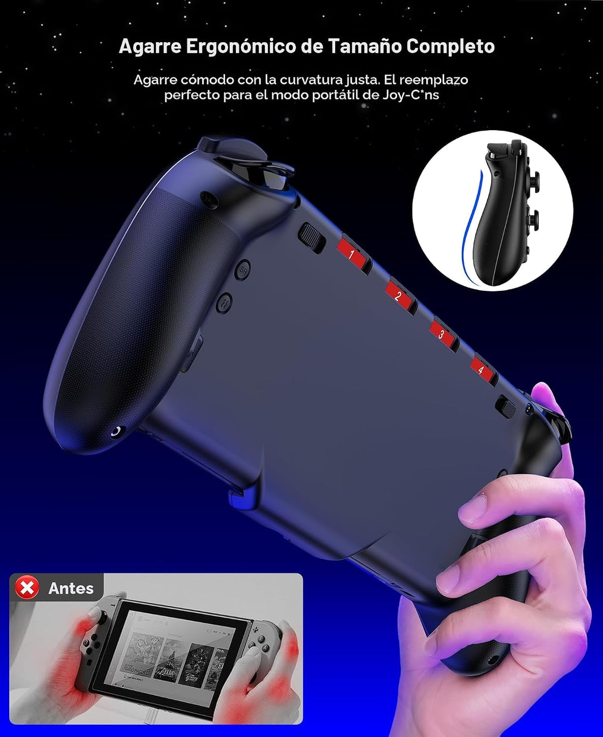 Gammeefy Control de Switch – Joysticks de Efecto Hall y agarre mejorado – Reemplazo de mando único para Switch Joypad con 8 iluminación RGB en color, Turbo, Macros - Negro, 6.2"/7"
