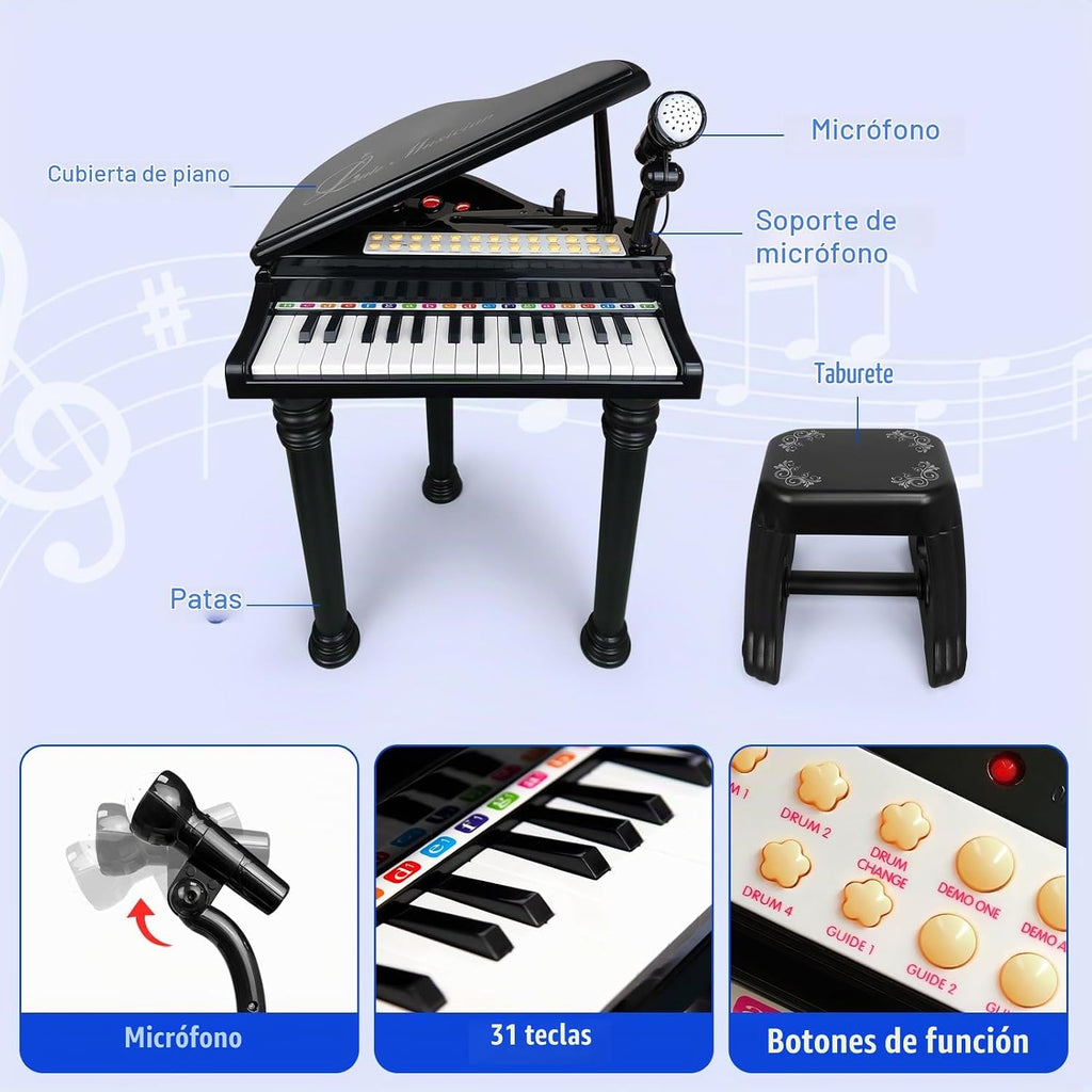 Love&Mini - Piano/teclado de juguete de 31 teclas para niños de 3, 4, 5 años – Instrumentos musical electrónico con taburete para bebé como regalo de cumpleaños