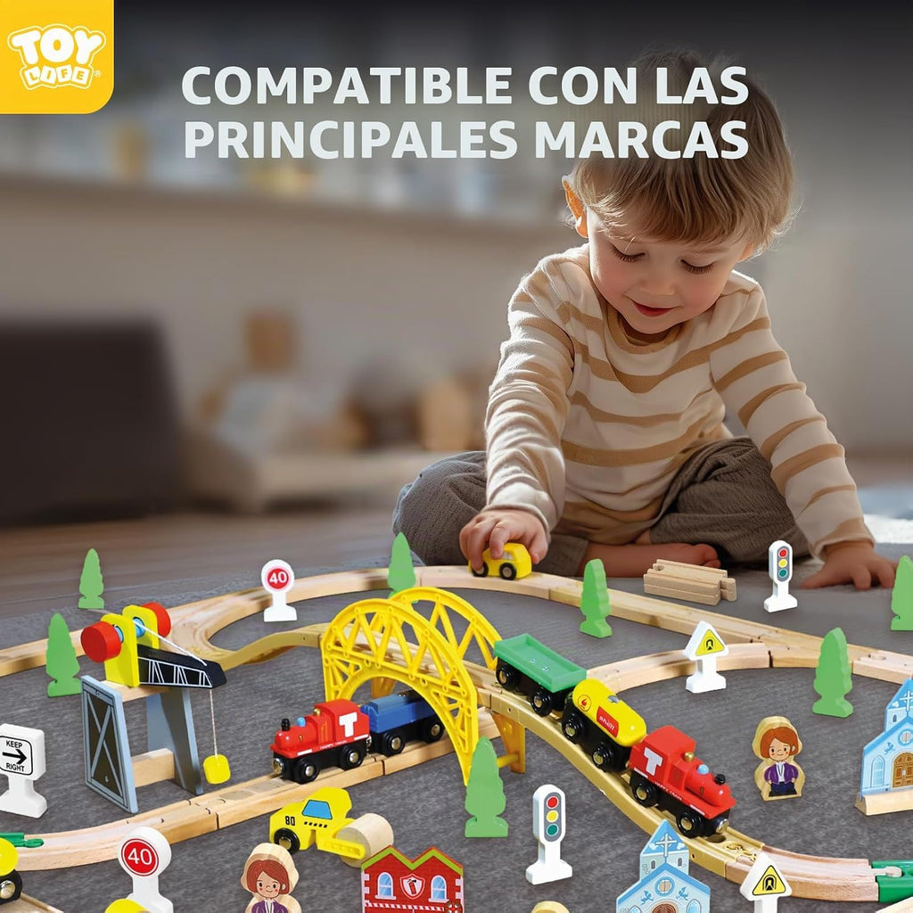 TOY Life Juego de tren de madera con grúa, pista de 60 piezas, niños 3-8