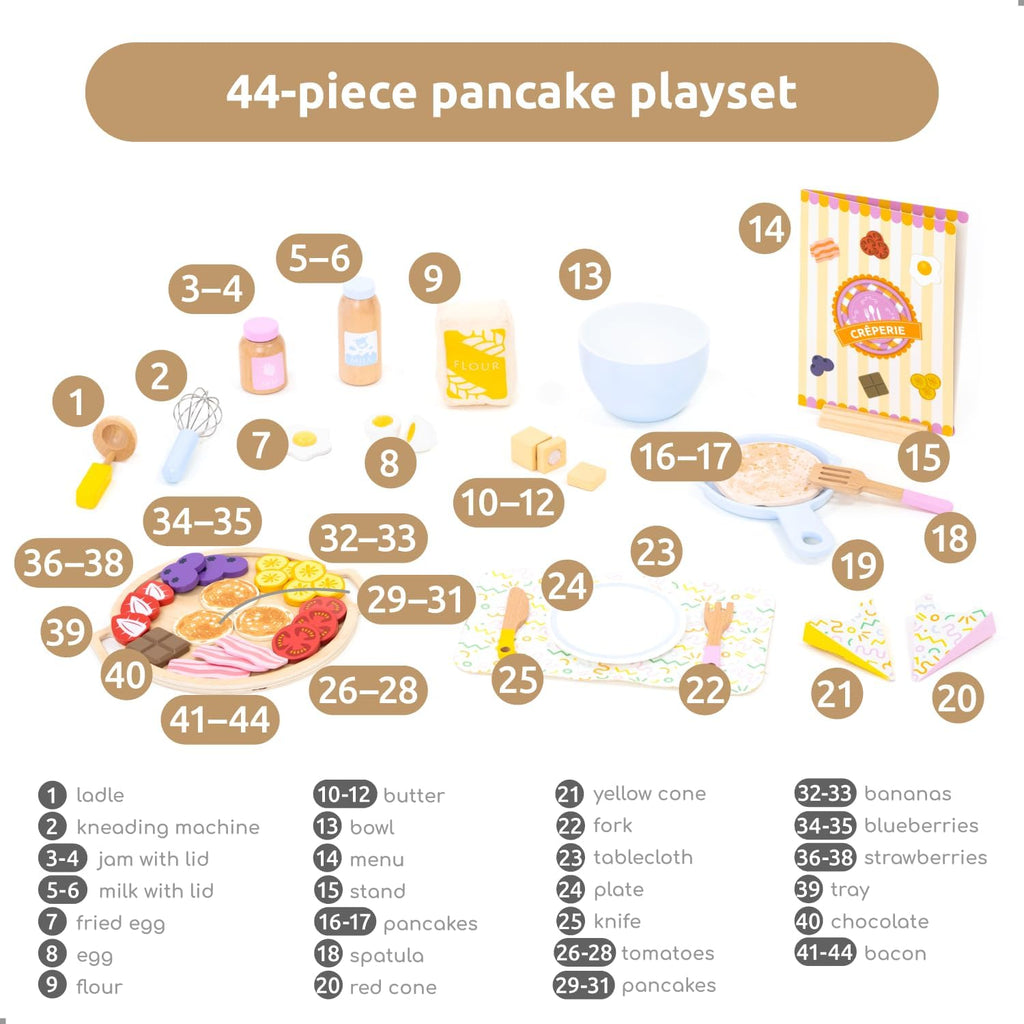 Juego de panqueques de madera – 44 piezas de juguete de cocina con sartén, espátula, jarabe, coberturas y más – Juego de comida de cocina para niños de 3, 4, 5 años