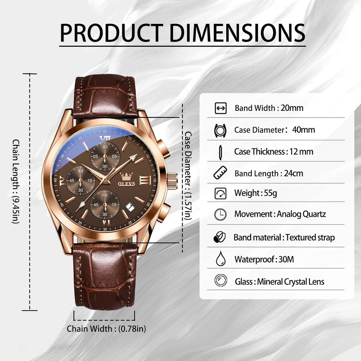 OLEVS Reloj de vestir de cuero para hombre, casual, cuarzo, marrón, pulsera, con fecha