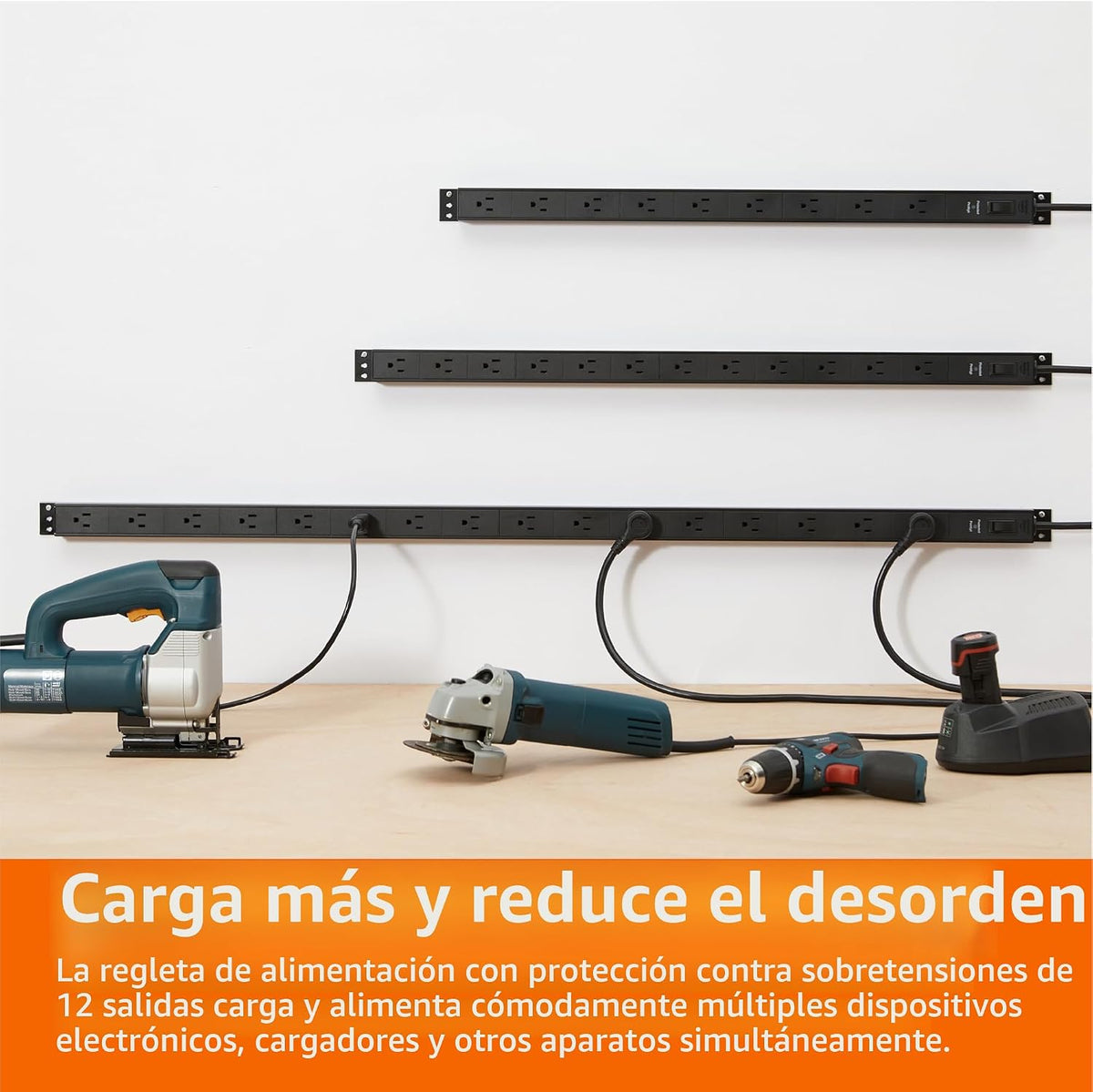 Amazon Basics Regleta protectora de sobretensiones, 12 tomas, resistente, metal, 600 julios, cable de extensión de 6 pies, amplio espaciado, montable, negro