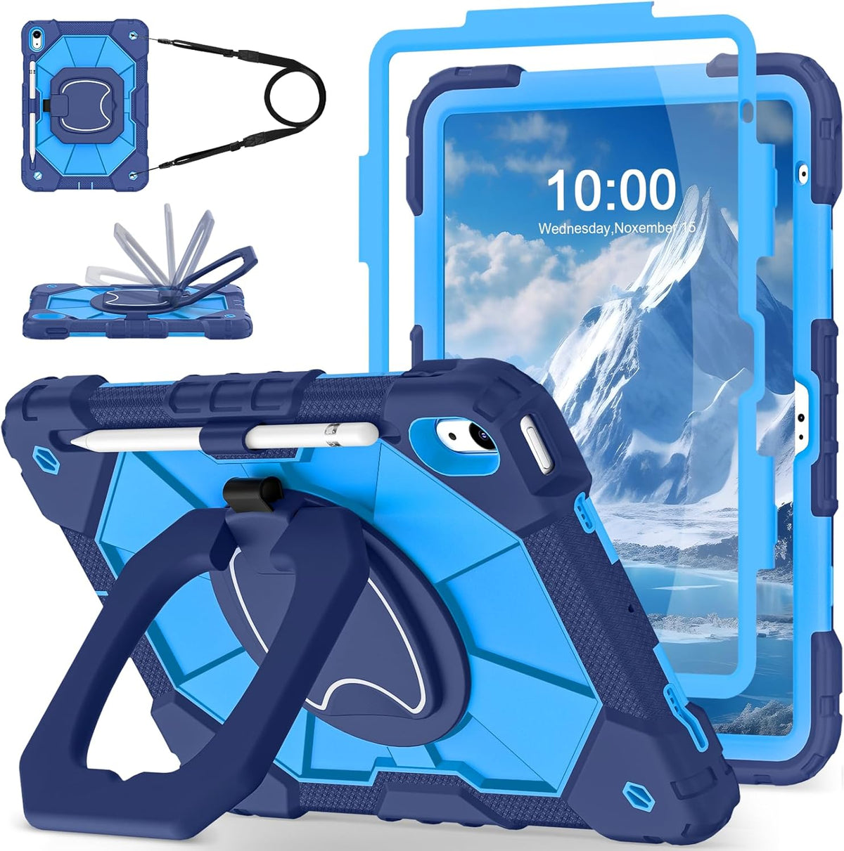 WESOROL Funda para iPad (A16) de 11ª/10ª generación 2025/2022 con protector de pantalla, soporte giratorio, soporte para lápiz, correa de hombro, resistente a prueba de golpes
