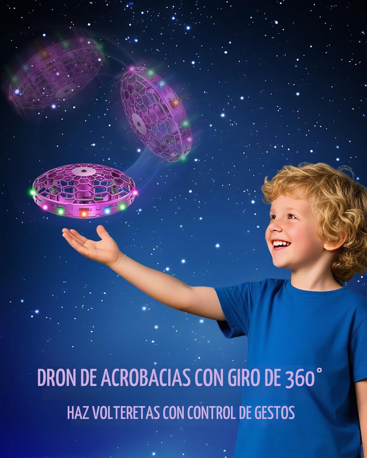 Dron de juguete volador para niños, sensores de movimiento manos libres de 360°, mini dron con luces LED frías, juguete OVNI pequeño para interiores, dron de bola voladora para niños, color rosa