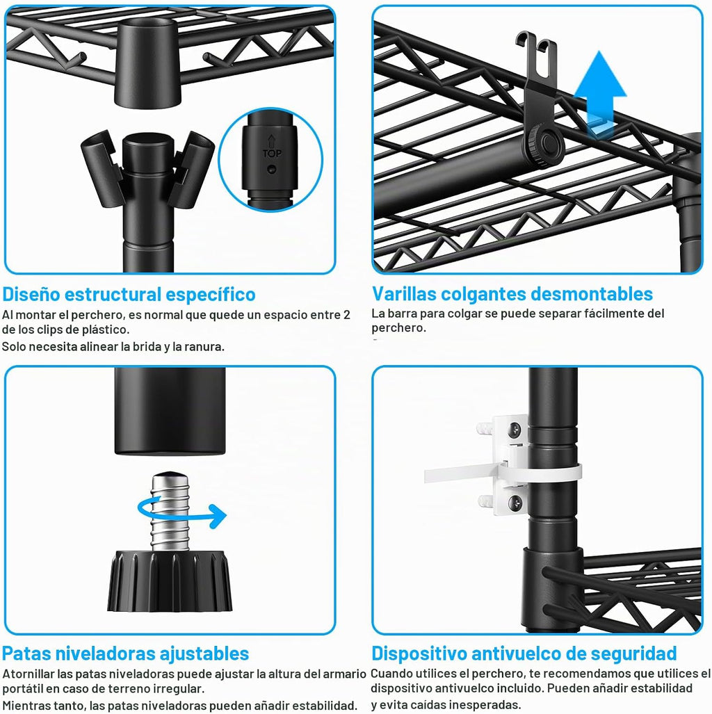 Perchero E10 (Con Barra Colgante Extensible) Percheros Independientes para Colgar Ropa, Sistema Organizador de Armario Ajustable, Perchero Portátil 73-97" An x 15" Pr x 72" Al, Carga Máxima 800