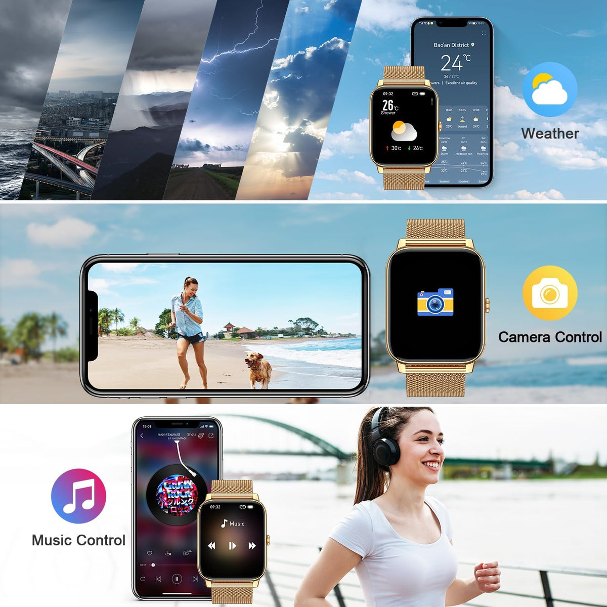 Reloj inteligente para mujer con rastreador de fitness: relojes inteligentes dorados para mujer, relojes digitales para hombre, hacer/responder llamada, impermeable, reloj inteligente para correr