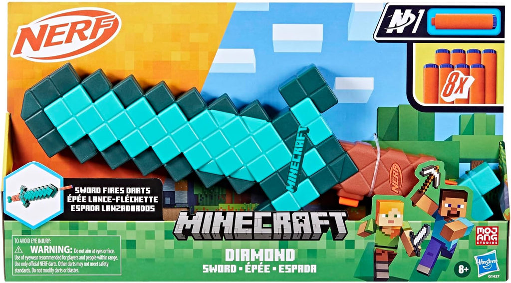 Nerf Minecraft Sword Dart Blaster, Cebado de Retroceso, Borde de Espuma, 8 Dardos N1, Edades 8+