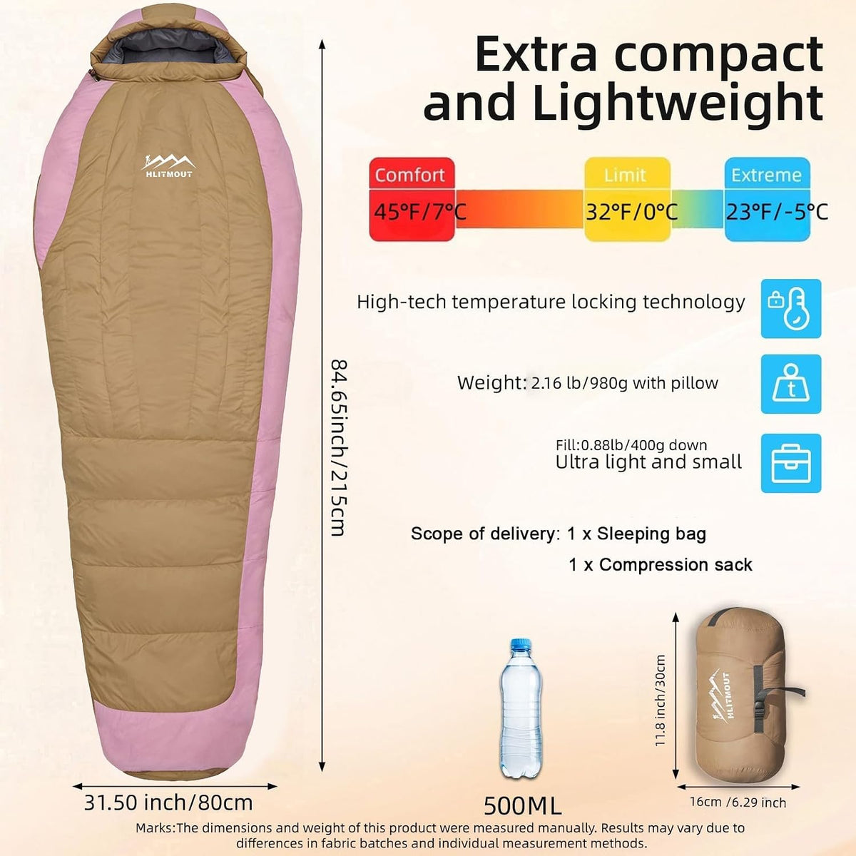 Saco de dormir de plumón con almohada para mochilero