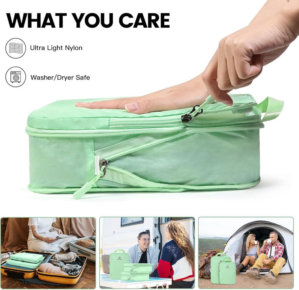 PFEYRPK Cubos de embalaje de compresión ligeros para maletas, organizador de embalaje de viaje expandible compresible con artículos de tocador transparentes y bolsa de mochila, artículos esenciales de