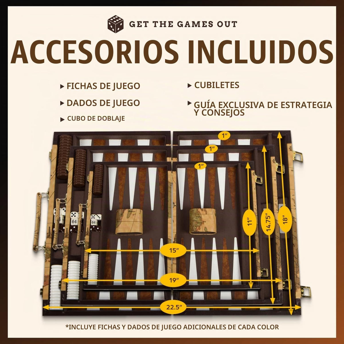 Get The Games Out Juego de Backgammon, Estuche de Juego de Mesa Clásico, 2 Jugadores, Incluye Guía de Estrategia y Consejos, Perfecto para Fiestas y Noches de Juego Familiares - Grande, Mapa