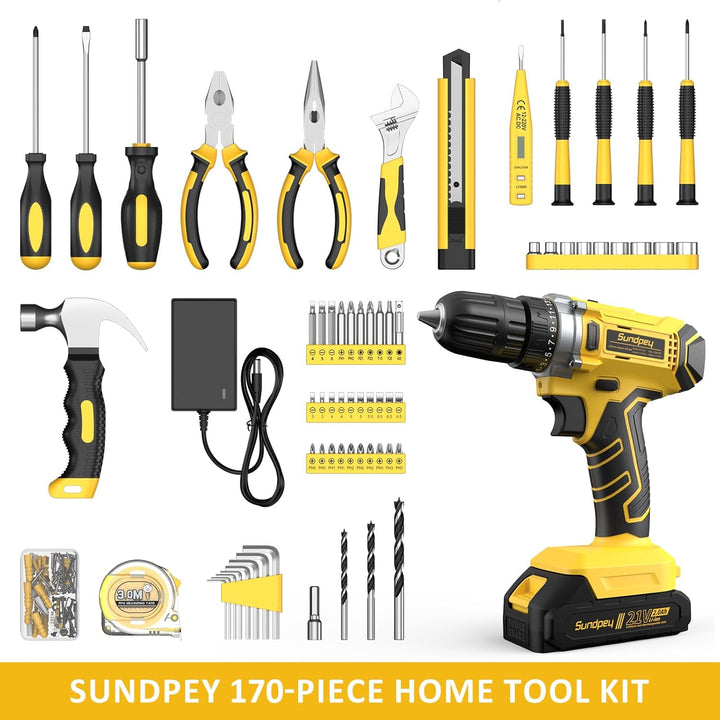 Sundpey Kit de herramientas con taladro de 21 V \u2013 170 piezas p...