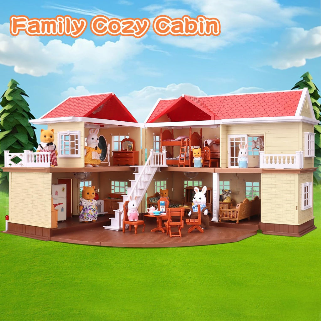 Set de casa de cabaña familiar acogedora, casa de muñecas con muebles y accesorios, casas de muñecas de estilo cabaña para jugar, DIY, para infantes, niños y niñas