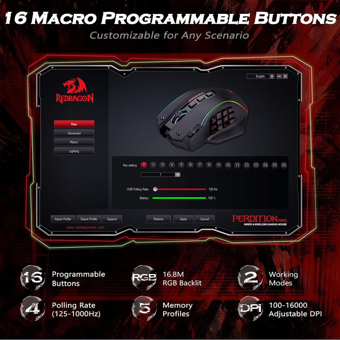 Redragon Ratón inalámbrico para juegos, ratón MMO para juegos con h...