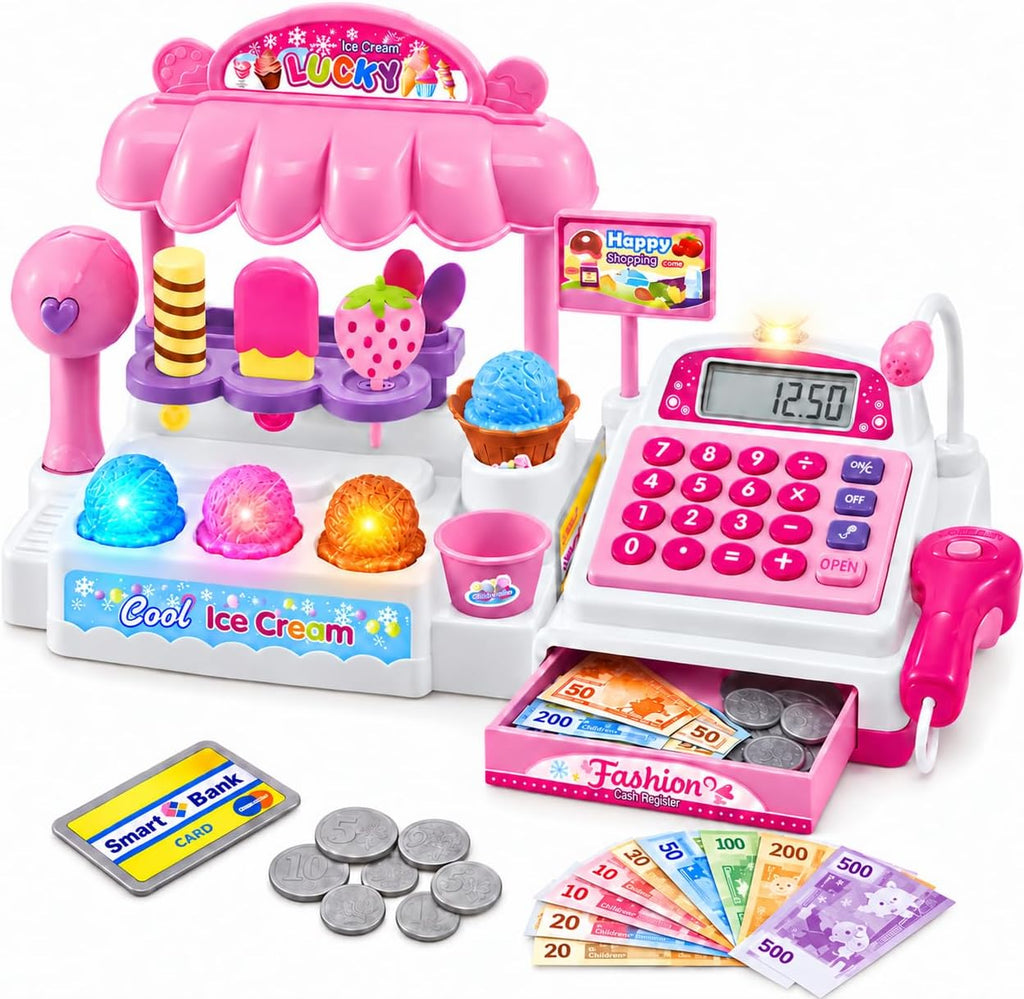 Heladería Caja registradora con escáner, dinero y postres 3+