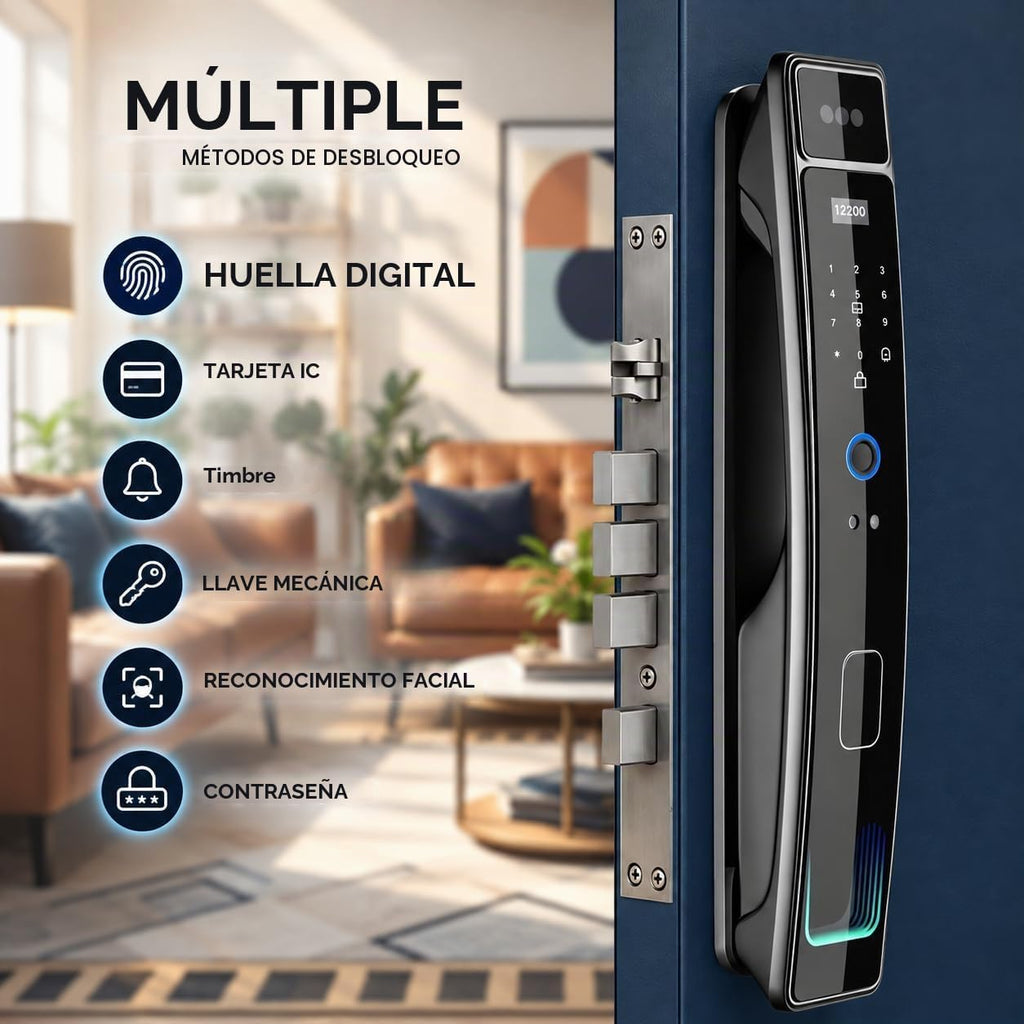 Cerradura de puerta inteligente con cámara y reconocimiento facial 3D, cerradura de puerta de entrada sin llave con huella digital, contraseña, tarjeta IC, control de aplicación y timbre, cerradura de embutir segura para puerta delantera (aplicación