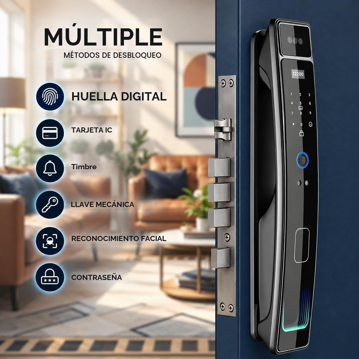 Cerradura de puerta inteligente con cámara y reconocimiento facial 3D, cerradura de puerta de entrada sin llave con huella digital, contraseña, tarjeta IC, control de aplicación y timbre, cerradura de embutir segura para puerta delantera (aplicación