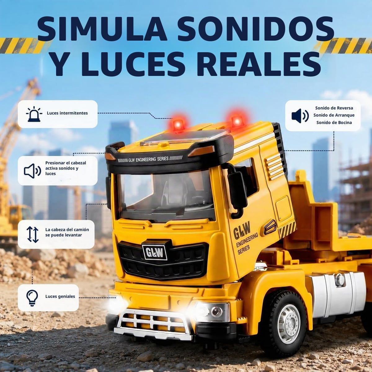 Juego de vehículos de construcción de aleación fundida a presión con semirremolque, excavadora y bulldozer – Luces y sonidos reales, piezas movibles – Juguetes de aprendizaje regalo para niños