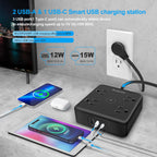 Paquete de 2 regletas de alimentación de enchufe ultra plano, regletas de alimentación con 4 tomas amplias, cable de extensión de enchufe plano de 6 pies con 3 puertos USB (1 puerto USB C), estación de carga de escritorio delgada, color negro