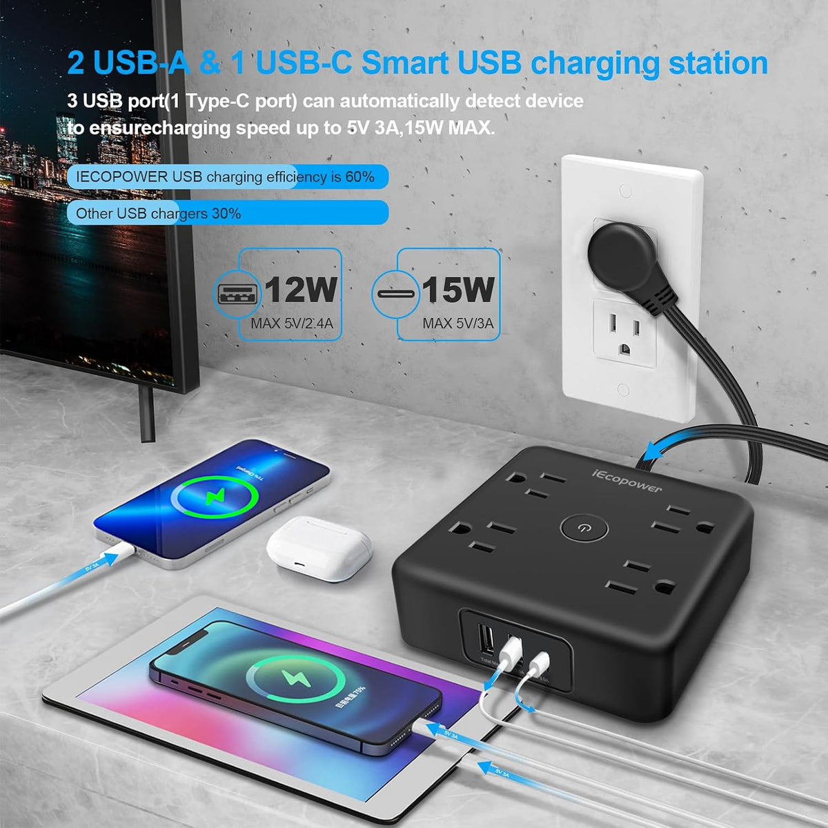 Paquete de 2 regletas de alimentación de enchufe ultra plano, regletas de alimentación con 4 tomas amplias, cable de extensión de enchufe plano de 6 pies con 3 puertos USB (1 puerto USB C), estación de carga de escritorio delgada, color negro