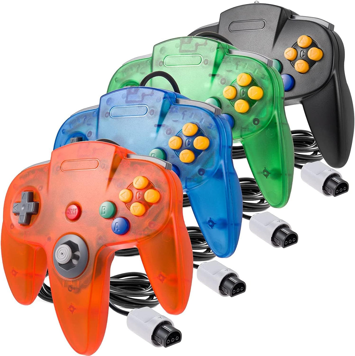 miadore Paquete de 4 Classic 64 Controller, Controladores con Cable para N64 con Joystick Mejorado (Versión USB no para PC) (Negro/Verde Transparente/Azul Transparente/Naranja Transparente)