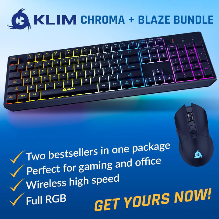KLIM Teclado y mouse inalámbricos Chroma - Combo de juegos con retr...