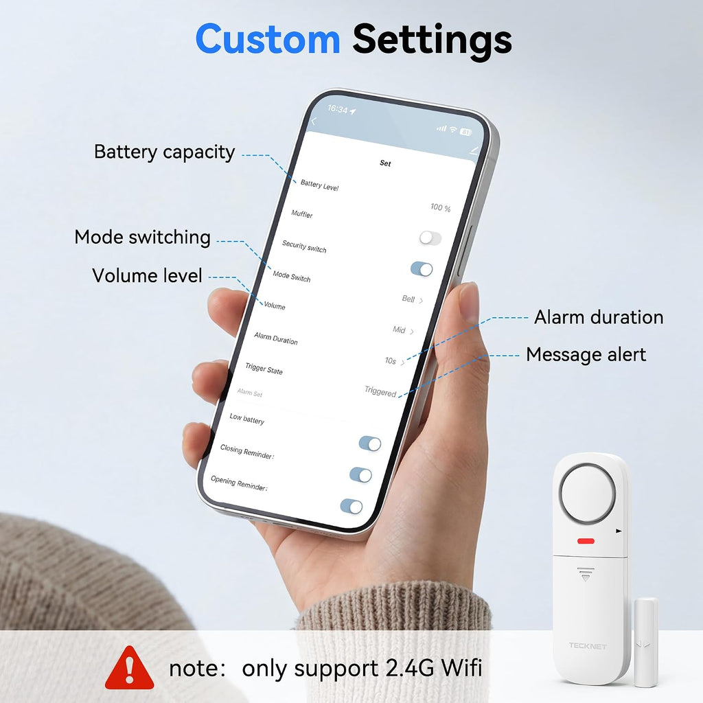 TECKNET Alarmas de puerta cuando se abre, alarma con sensor de puerta inteligente WiFi de 2.4 G y timbre, alertas de aplicación, alarmas de puerta para seguridad de los niños