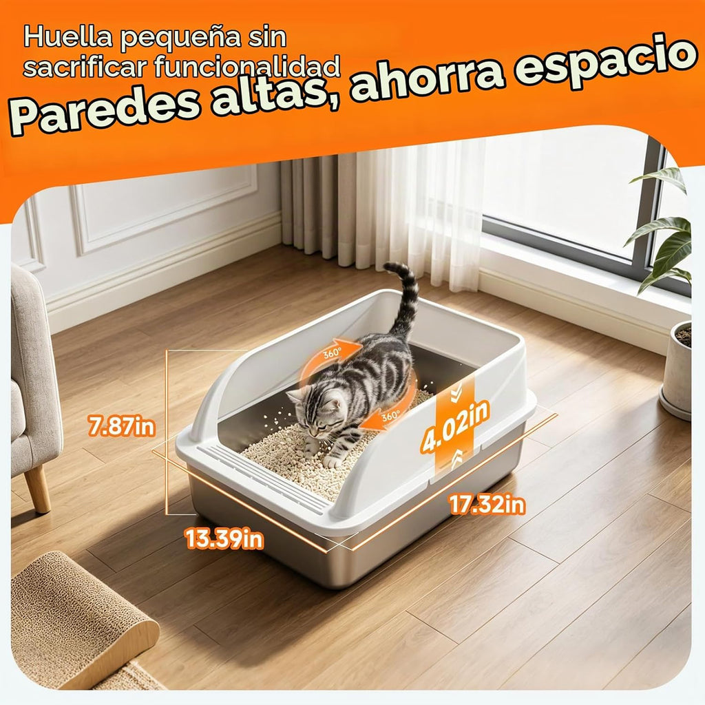 Caja de arena para gatos de acero inoxidable con cuchara, tamaño mediano