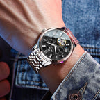 OLEVS Reloj automático para hombre de lujo en acero inoxidable con esqueleto y diamantes