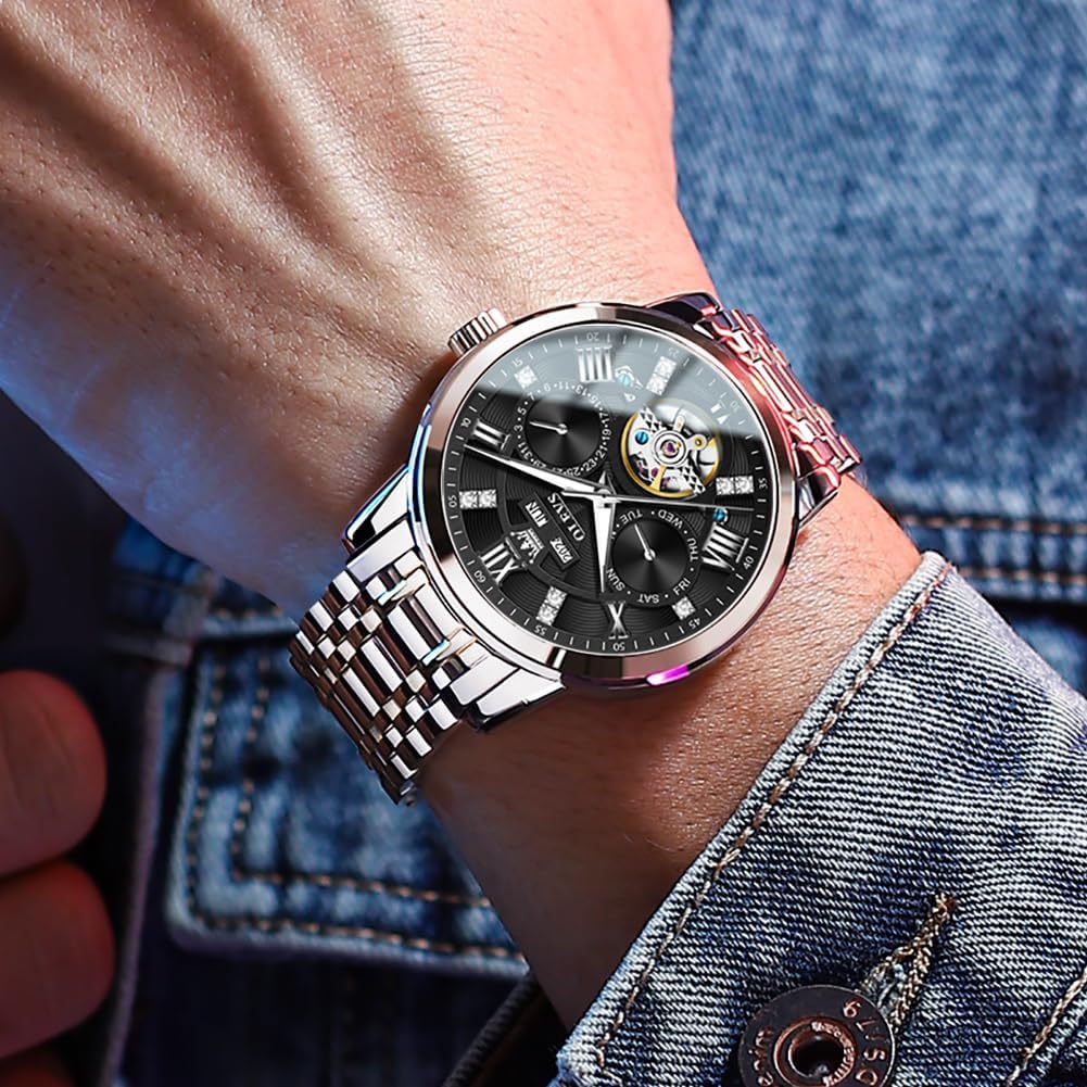 OLEVS Reloj automático para hombre de lujo en acero inoxidable con esqueleto y diamantes