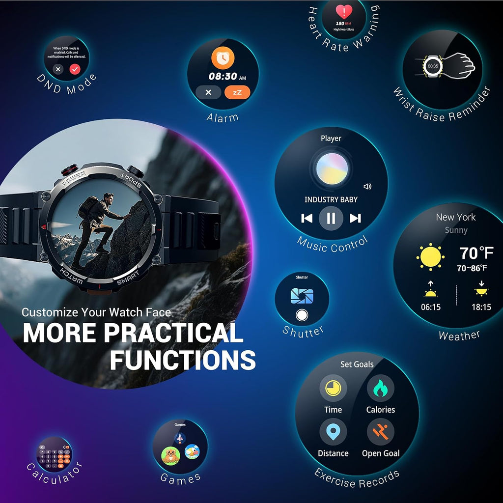 Reloj Inteligente Militar para Hombres (Responder/Realizar Llamadas), Reloj Inteligente Exterior con 100 Días de Batería/Linterna/Brújula/Frecuencia Cardíaca/SpO2/Sueño/2 Correas, Reloj Deportivo Robusto para iPhone/Android