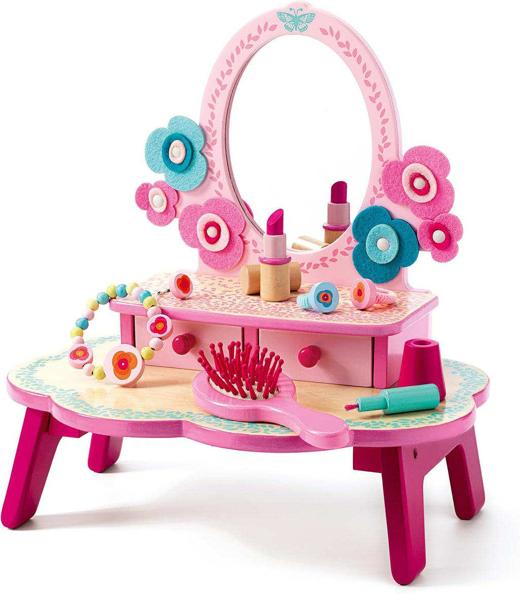 DJECO, Tocador de madera para niñas, tocador de juego de simulación floral