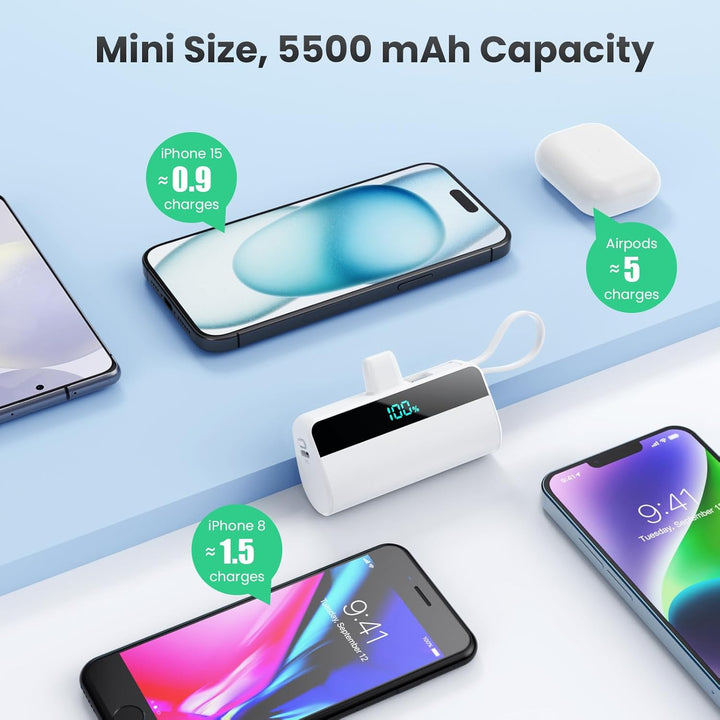 Cargador portátil mini para iPhone con cable USB C incorporado, bat...