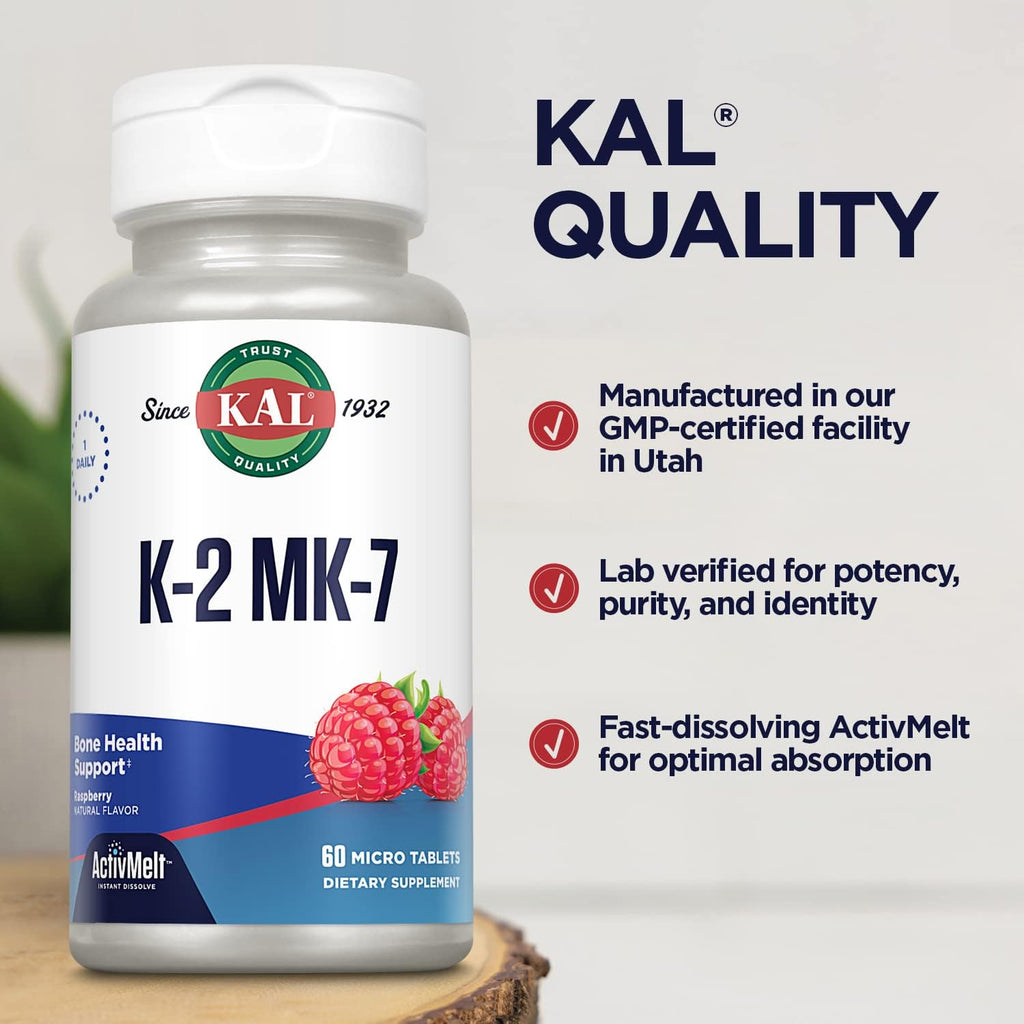 KAL Vitamina K2 MK7 ActivMelt 100 mcg Tabletas, Frambuesa, 60 unidades (1 paquete)
