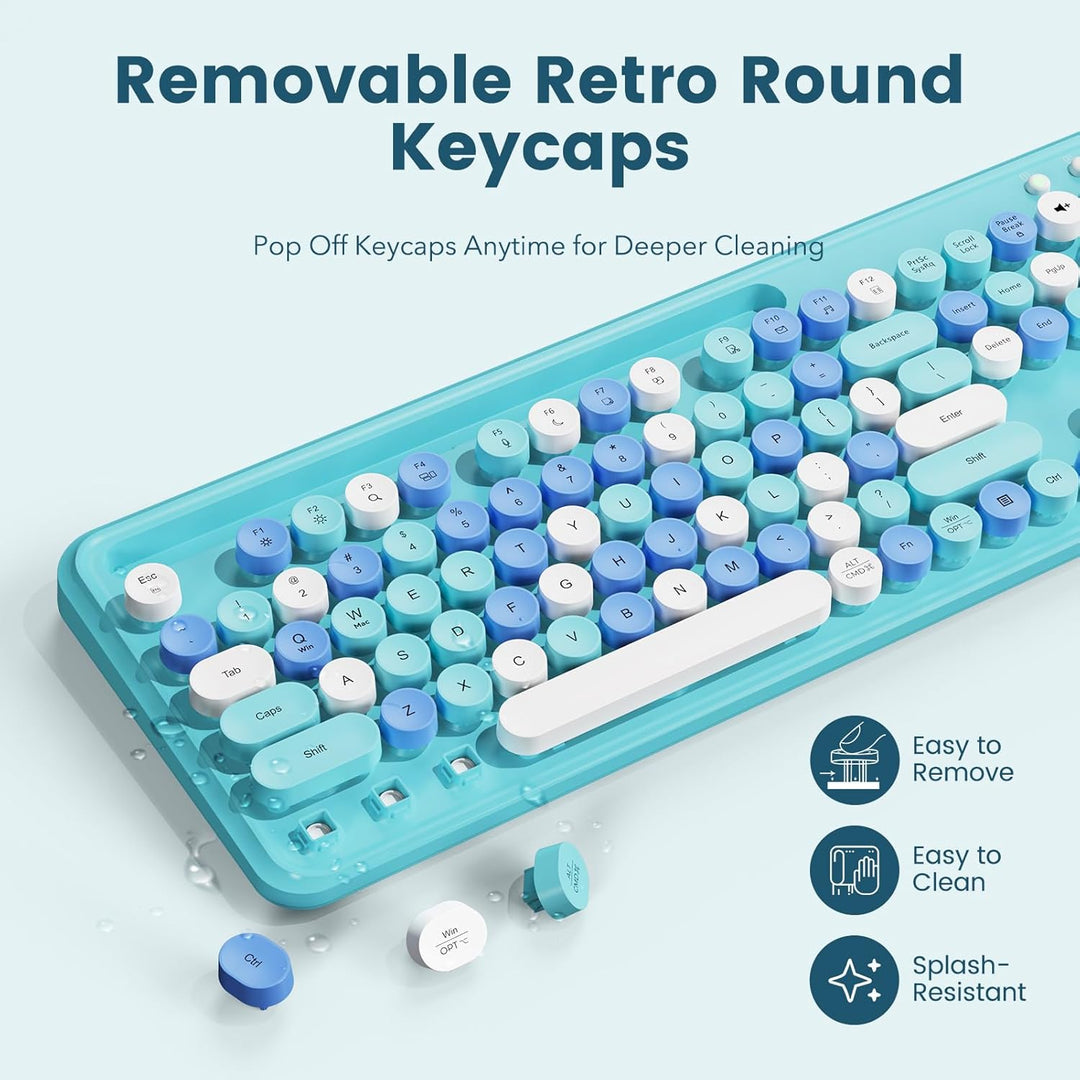 Combo de teclado y mouse inalámbricos, teclas redondas retro, tecla...