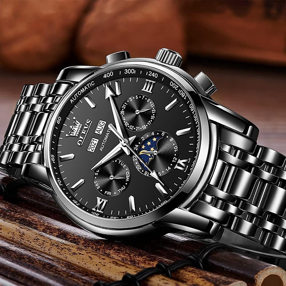 OLEVS - Reloj automático de lujo para hombre de cuerda mecánica con fases de la luna, de acero inoxidable, impermeable y con calendario luminoso, correa plateada
