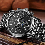 OLEVS - Reloj automático de lujo para hombre de cuerda mecánica con fases de la luna, de acero inoxidable, impermeable y con calendario luminoso, correa plateada
